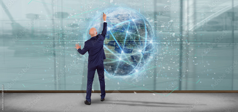 Poster man holding connection around a world globe isolated 3d rendering