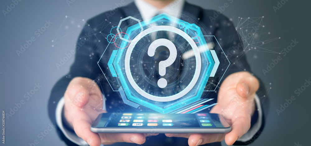 Poster man holding a technology question mark icon on a circle 3d rendering