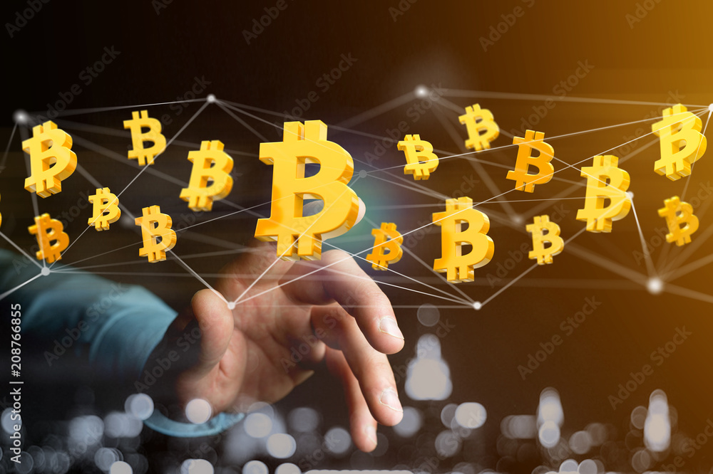 Poster bitcoin sign flying around a network connection - 3d render