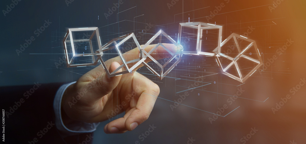 Poster businessman holding a 3d rendering blockchain cube isolated on a background