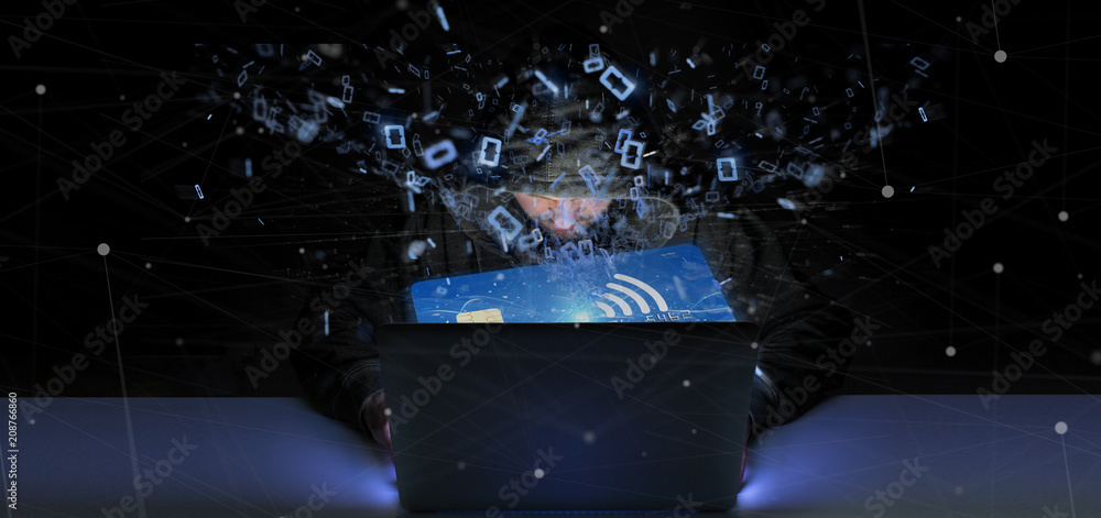 Poster hacker man holding a contactless credit card payment concept 3d rendering