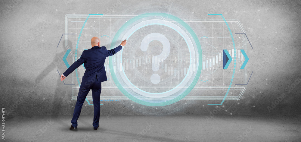 Poster man holding a technology question mark icon on a circle 3d rendering