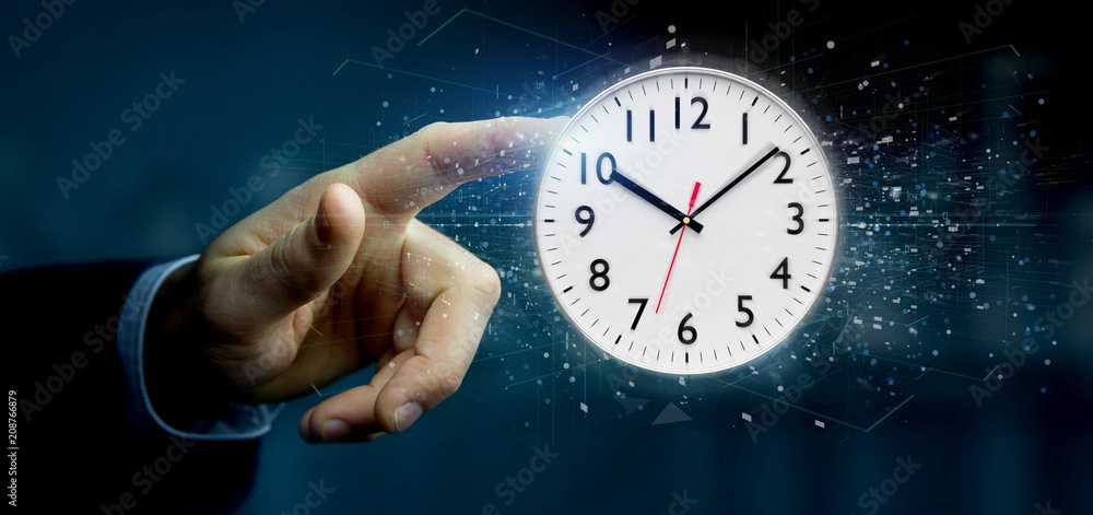 Poster man holding a clock timer 3d rendering