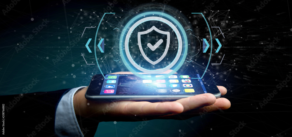 Poster man holding a shield web security concept 3d rendering