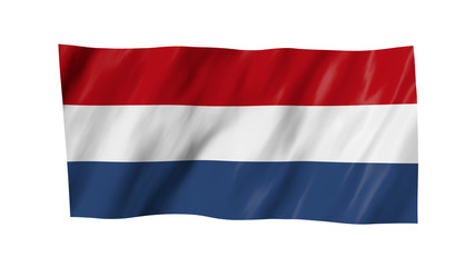 The Dutch flag in 3d, waving in the wind, on white background.