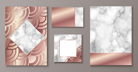 Brochure or vip packaging design set, luxury wrap paper template or background in trendy geometric style, with marble texture, gold rose metal, frame, vector fashion wallpaper, poster, gift box