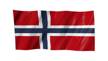 The Norwegian flag, flag in 3d, waving in the wind, on white background.