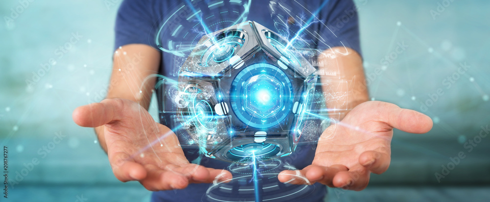 Poster businessman using futuristic drone security camera 3d rendering