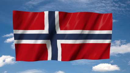 The Norwegian flag, flag in 3d, waving in the wind, on sky background.