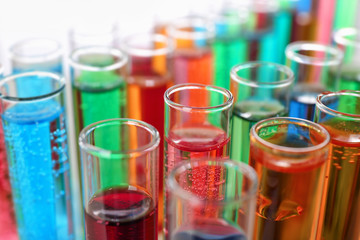 Many test tubes with colorful liquids, closeup