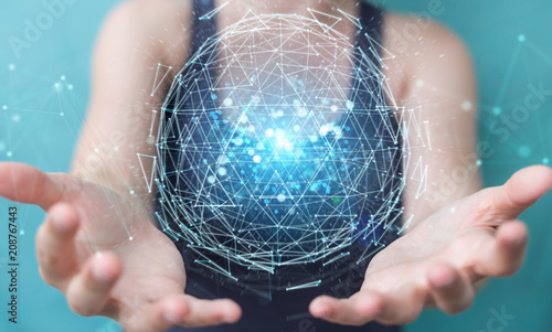 Businesswoman using digital triangle exploding sphere hologram 3D rendering