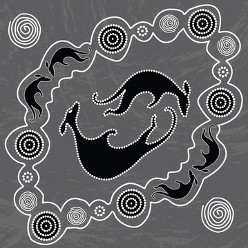 Aboriginal art vector painting with kangaroo. Illustration based on aboriginal style of background.