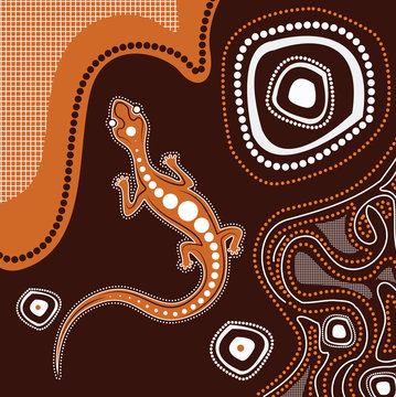 Aboriginal art background with lizard. Illustration based on aboriginal style of dot painting. 
