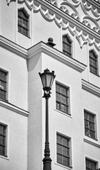 Fototapeta na wymiar Street lamp in front of the Pomeranian Dukes Castle in Szczecin City (Stettin), selective focus, Poland.