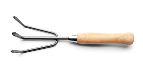 Metal rake for gardening on white background