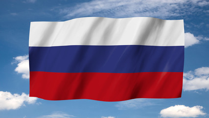 The Russian flag in 3d, waving in the wind, on sky background.