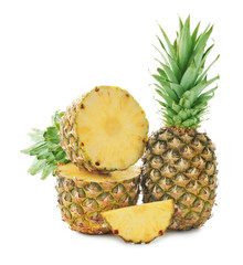 Delicious cut and whole pineapples on white background