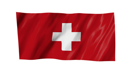 The Swiss flag flag in 3d, waving in the wind, on white background.