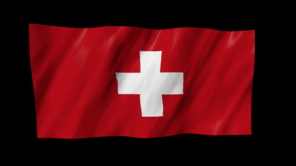 The Swiss flag flag in 3d, waving in the wind, on black background.