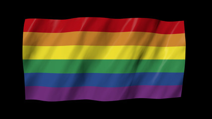 The rainbow flag in 3d, waving in the wind, on black background.