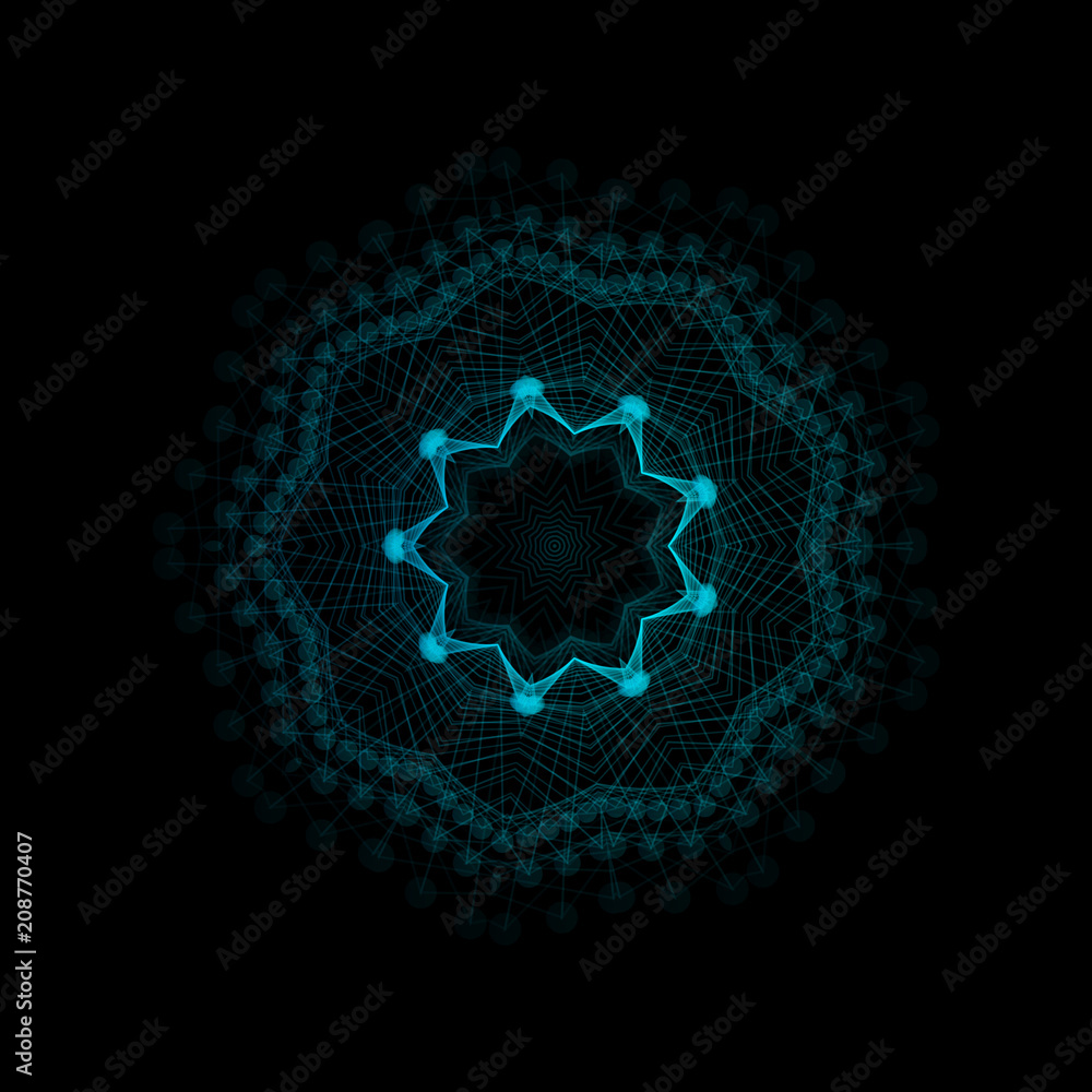 Wall mural Mandala, oriental vector ornament. Abstract linear flower. Indian, ethnic round drawn pattern. Vector circular geometric illustration on black background.