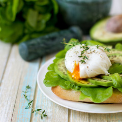 Egg-poached with ciabatta, avocado and baby lettuce leaves
