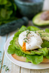 Fototapeta na wymiar Egg-poached with ciabatta, avocado and baby lettuce leaves