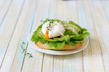 Egg-poached with ciabatta, avocado and baby lettuce leaves