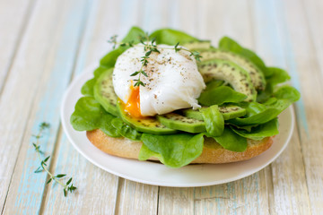 Egg-poached with ciabatta, avocado and baby lettuce leaves