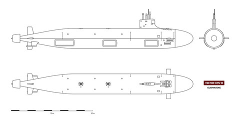 Blueprint of submarine. Military ship. Top, front and side view. Battleship model. Industrial drawing. Warship in outline style