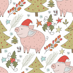 Christmas vector seamless pattern with detailed holiday illustrations.