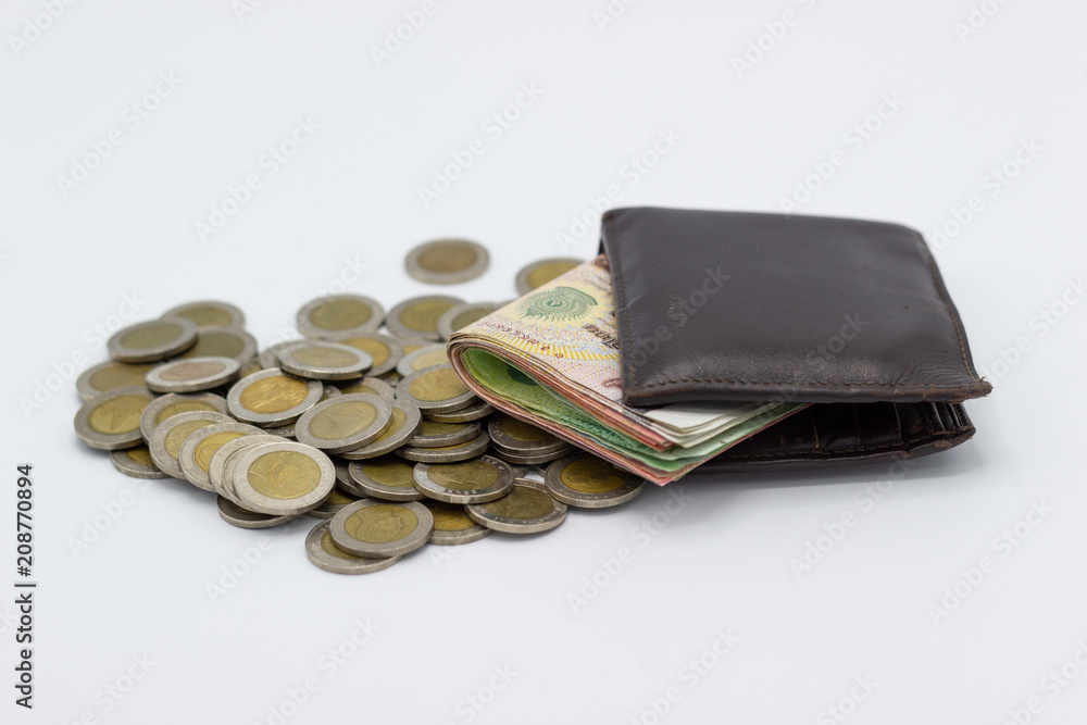 Poster wallet on stack of money with isolated white background concepts saving money.