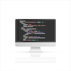 Person programmer working on pc PC with program code on screen. Coding and programming vector concept. Vector stock illustration.