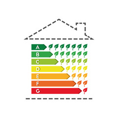 Energy efficiency concept with house made of dotted line. Leaves as performance rating sign and environmental conservation symbol.
