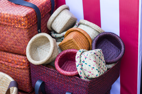 Product Weaving A Wicker Basket By Handmade, Product work in the family industry. sale in a market of Thailand  