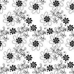 Graphic flower black color on white background, seamless pattern