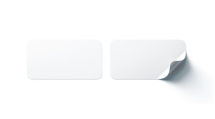 Blank white rectangle adhesive stickers mock up with curved corner, 3d rendering. Empty oblong...