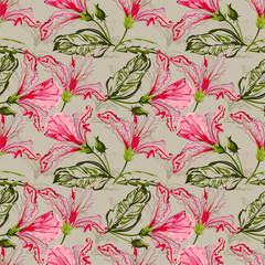 Seamless pattern , hibiscus flower and green leaf