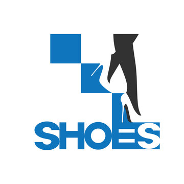 an illustration consisting of several images of female legs in shoes and the inscription "shoes", in the form of a symbol or logo
