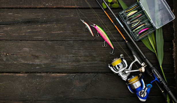 Fishing tackle background.