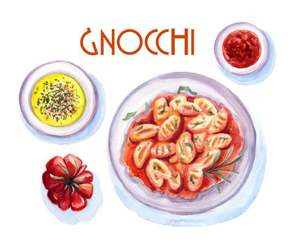 Gnocchi with tomato sauce, potato dumplings,  traditional itallian dish, watercolor food illustration for menu, recipe book design, restaurant