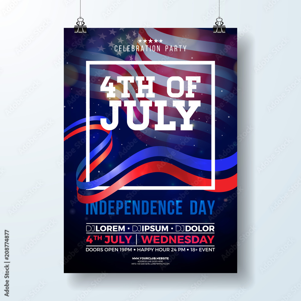 Wall mural independence day of the usa party flyer illustration with flag and ribbon. vector fourth of july des