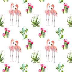 Seamless pattern with tropical bird flamingo, cactus, succulents and floral elements on white background. Vintage watercolor botanical illustration for textile, print, invitation, party. Tropical