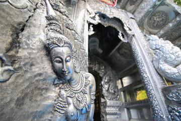 CHIANG MAI/THAILAND-FEBRUARY 2017 : Silver Sanctuary Wat Srisuphan Chiangmai 02 28 2017 Women are not allowed entering ordination hall's area.