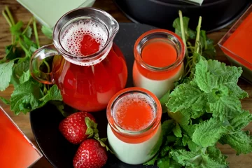 Foto op Plexiglas Process of making two layered dessert panna cotta with matcha tea and strawberry jelly © kcuxen