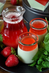 Process of making two layered dessert panna cotta with matcha tea and strawberry jelly