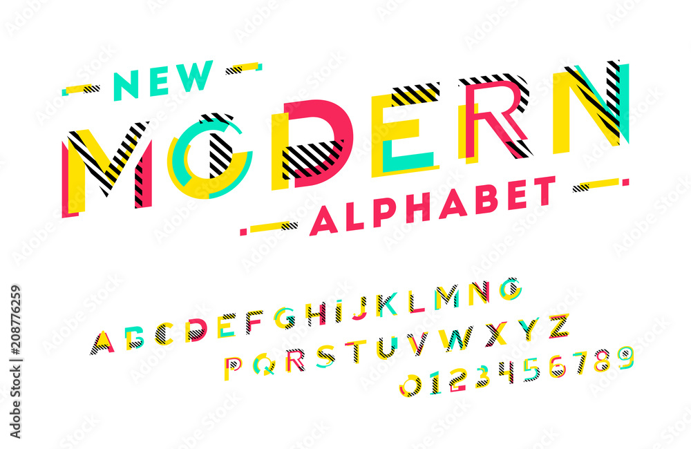 Poster stylish modern abstract font and alphabet with numbers. vector colorful font from pieces of shapes a