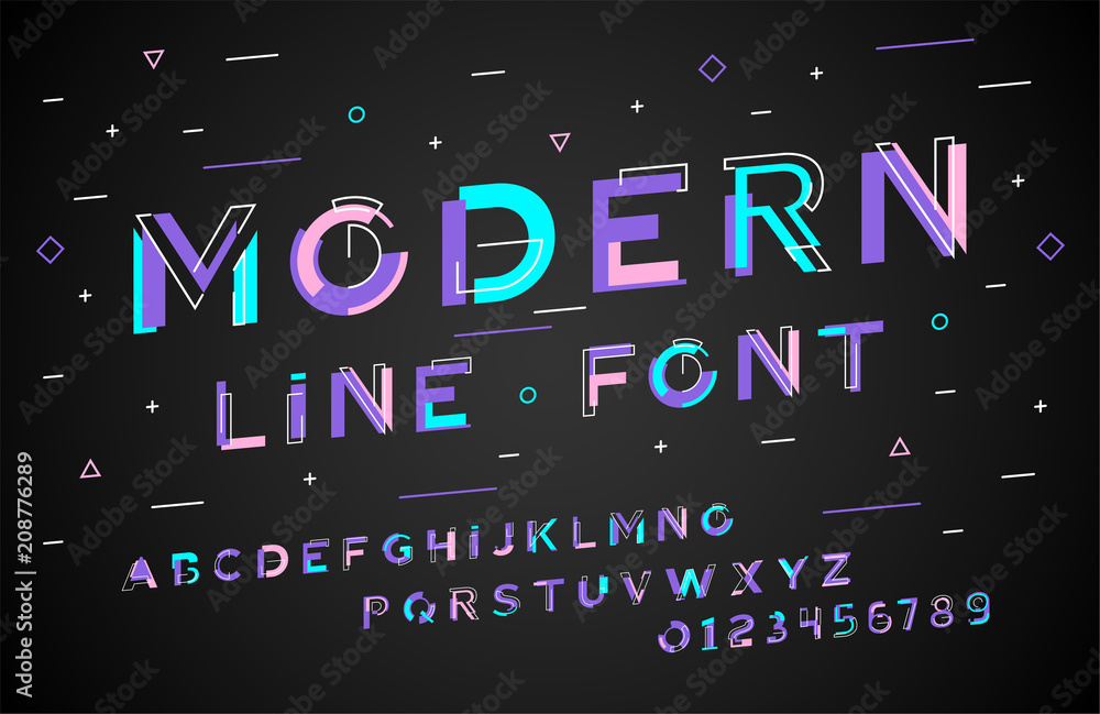Poster stylish modern abstract font and alphabet with numbers. vector colorful font from pieces of shapes a