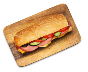 Big salami sandwith isolated on white background