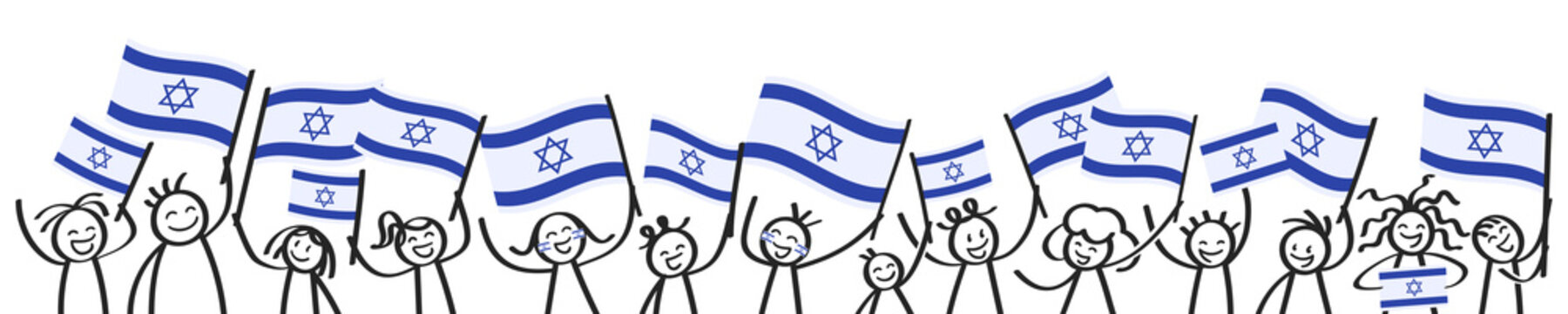 Cheering crowd of happy stick figures with Israeli national flags, smiling Israel supporters, sports fans isolated on white background